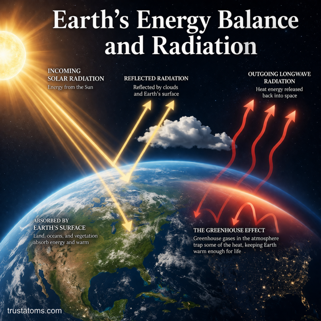 Illustrated diagram showing Earth’s energy balance including incoming solar radiation, reflected energy, outgoing heat, and the greenhouse effect.