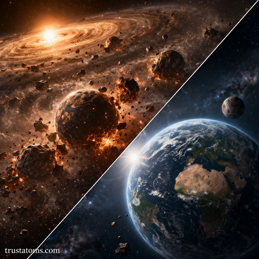 Split illustration showing early Earth formation with molten collisions on one side and a stable Earth with oceans on the other.