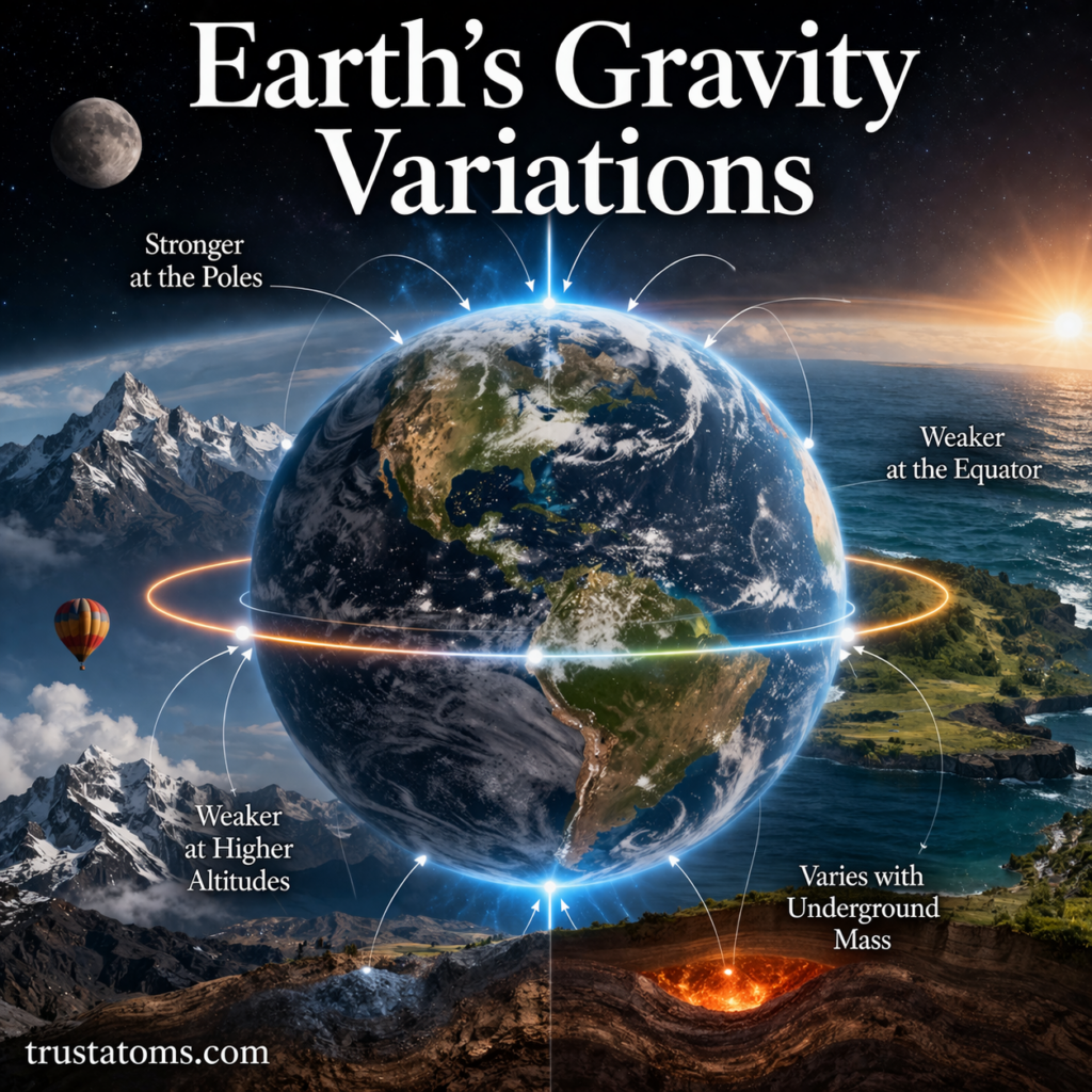 Illustration showing Earth’s gravity variations with stronger gravity at the poles and weaker at the equator and higher altitudes.