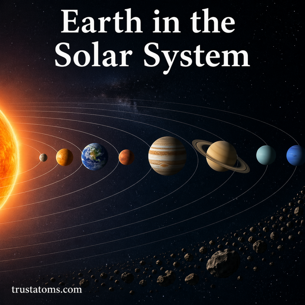 Earth in the Solar System diagram showing the Sun and planets with Earth highlighted.