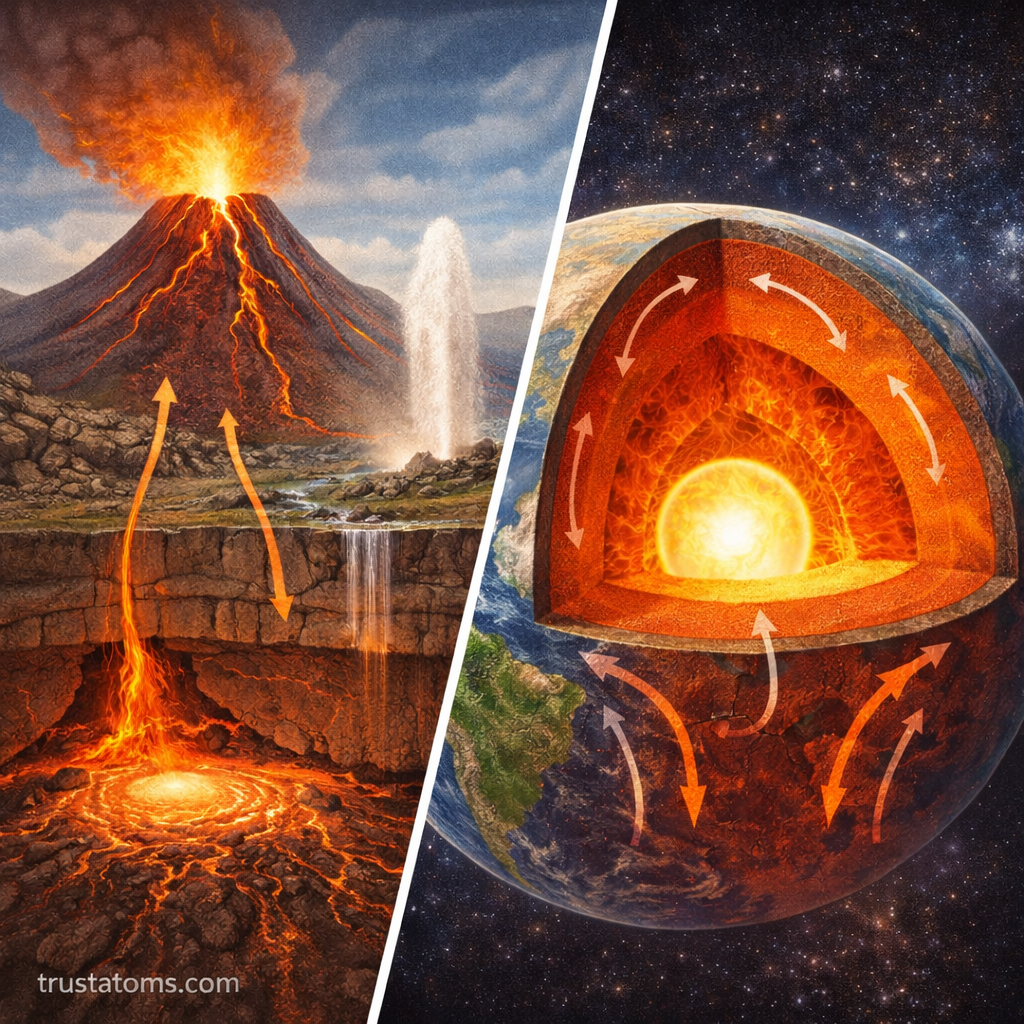 Split illustration showing volcanic and geothermal activity on one side and Earth’s internal layers with heat movement on the other.