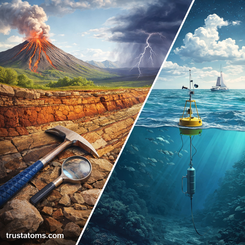 Split illustration showing rock layers and geology tools on one side and ocean monitoring with weather conditions on the other.