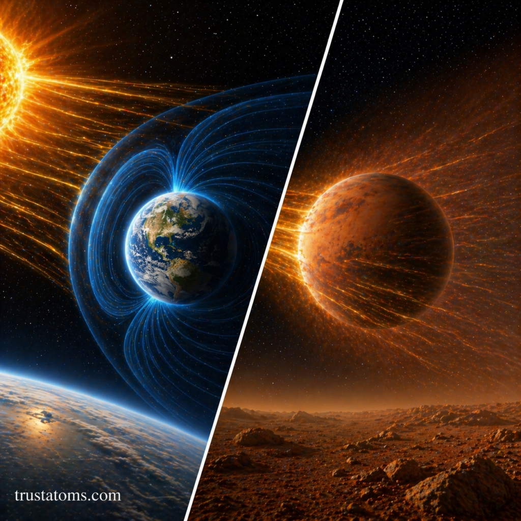 Split illustration showing Earth protected by its magnetic field from solar radiation and a barren planet exposed to solar wind.