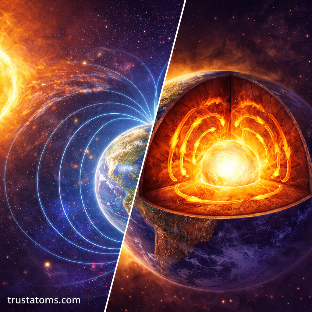 Split illustration showing Earth’s magnetosphere interacting with solar wind on one side and the geodynamo in the core on the other.