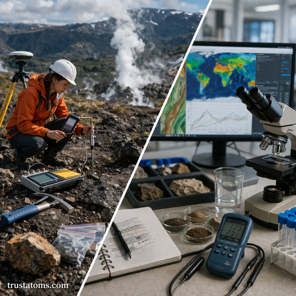 Diagonal split image showing Earth science fieldwork with measurement tools and laboratory analysis with microscope and data screens.