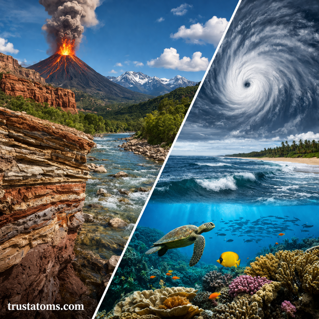 Split illustration showing geology tools and rock layers on one side and weather systems and ocean monitoring on the other.