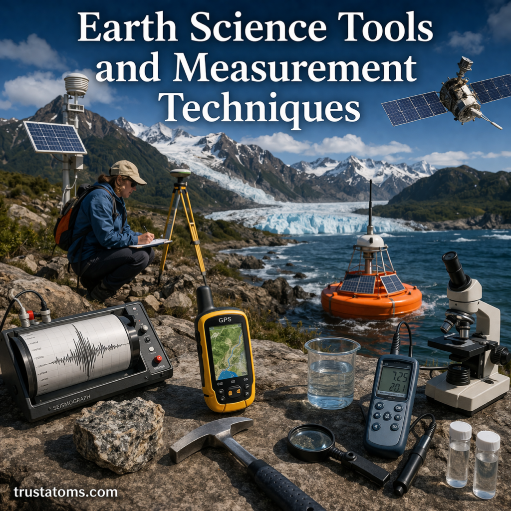 Illustration of Earth science tools including seismograph, GPS device, weather instruments, and ocean buoy in a natural landscape setting.