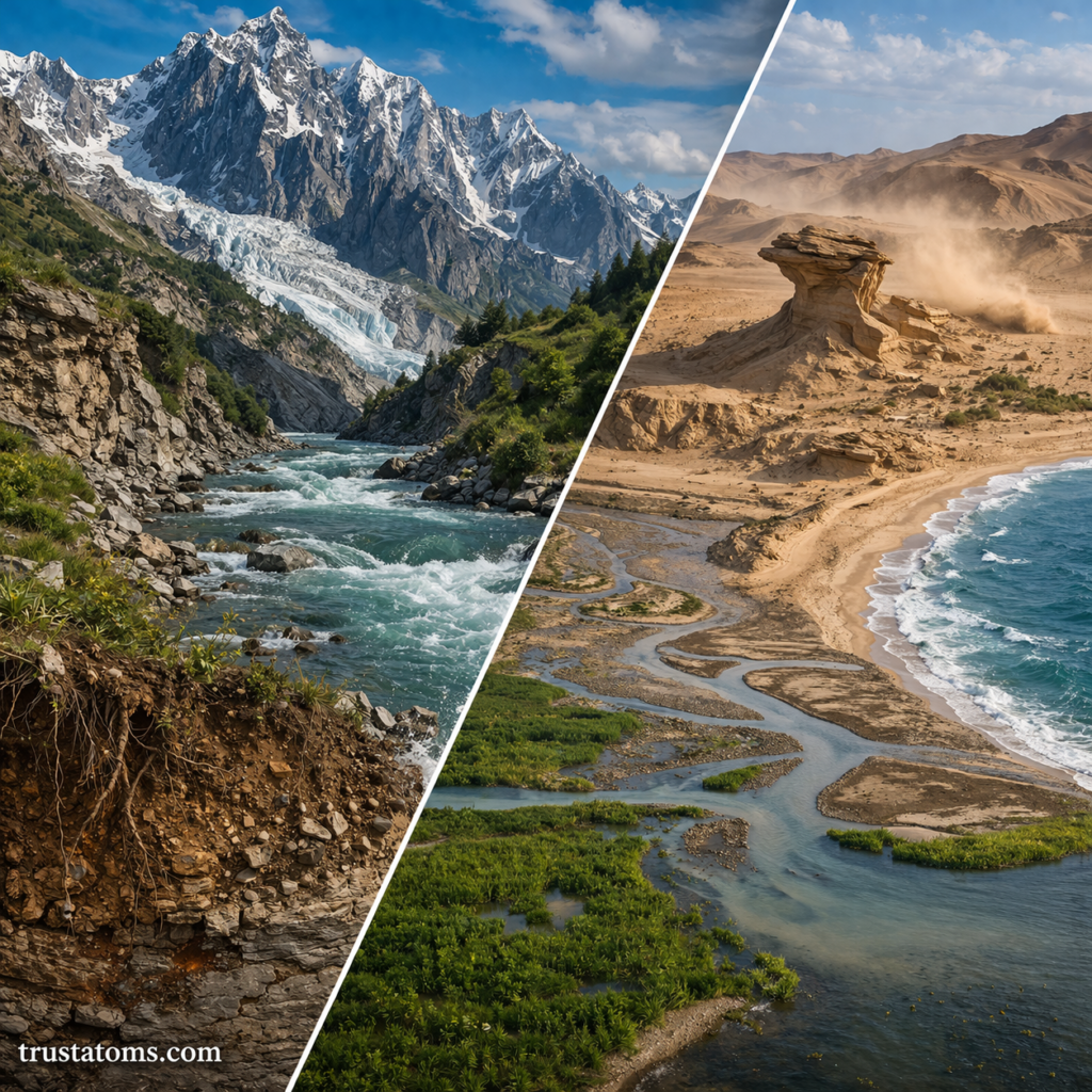 Split illustration showing different Earth surface processes including river erosion in mountains and wind and coastal shaping in arid landscapes.