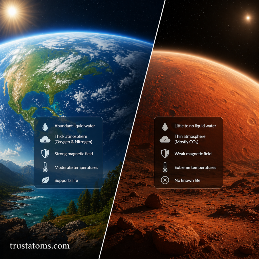 Split illustration comparing Earth and Mars showing differences in atmosphere, water presence, and habitability.