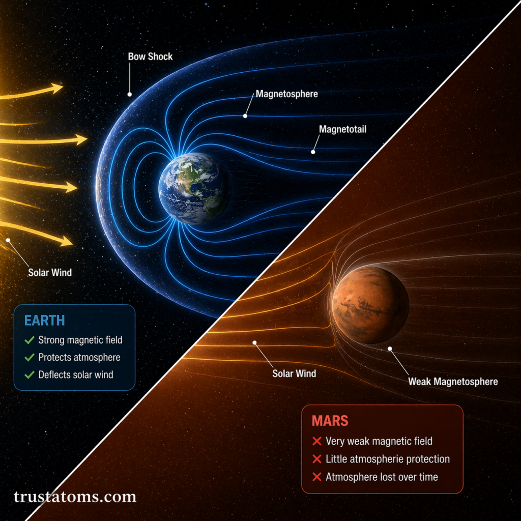 Split illustration comparing Earth’s strong magnetosphere and Mars’s weak magnetic field interacting with solar wind.