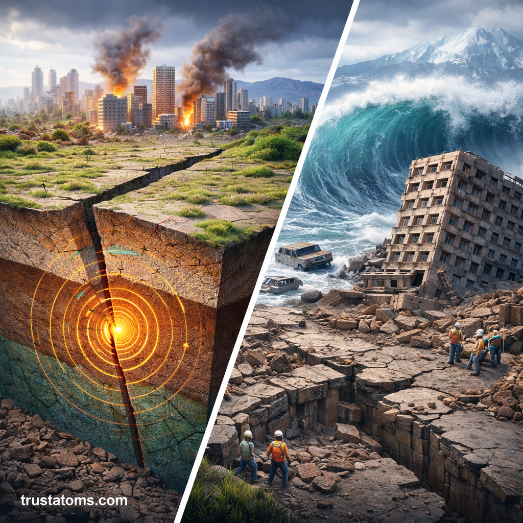Split illustration showing earthquake causes with tectonic plates and effects including tsunami and structural damage.