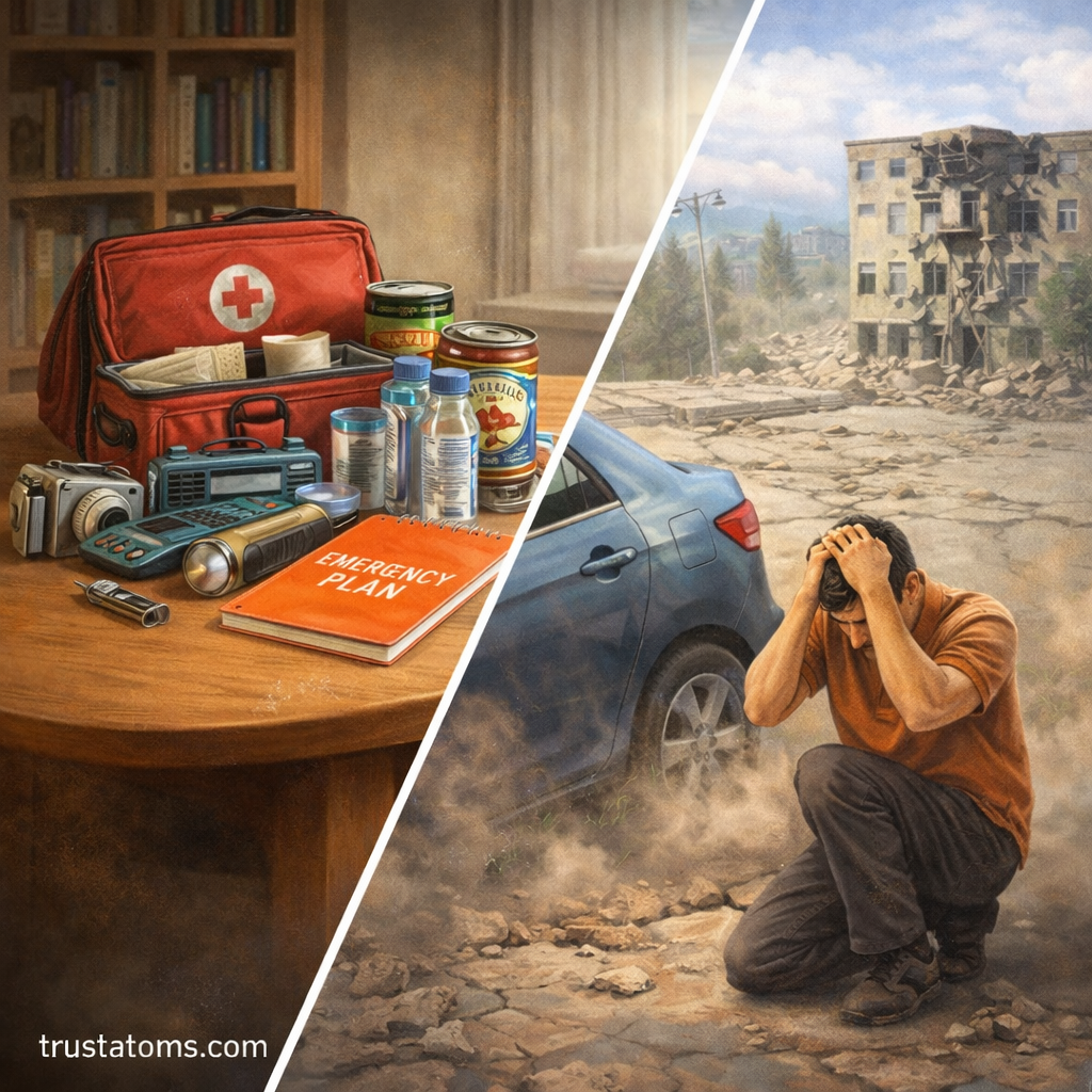 Split illustration showing an earthquake emergency kit on one side and a person taking protective action near a damaged building on the other.