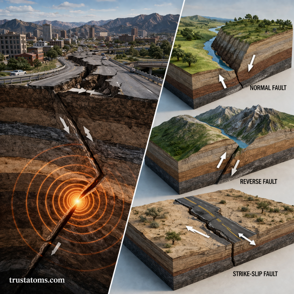 Split diagram showing earthquake fault types including normal, reverse, and strike-slip faults with ground movement examples.