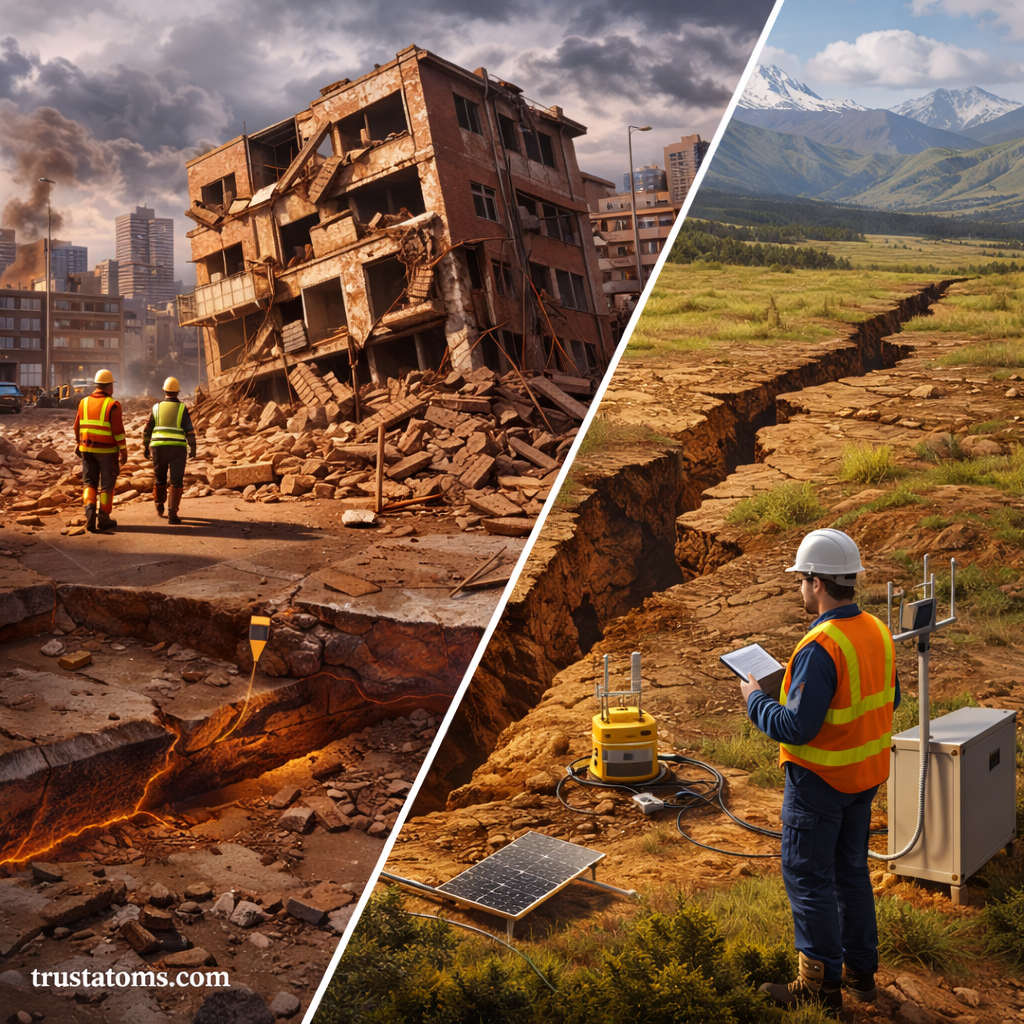 Split illustration showing earthquake damage in a city and a geologist monitoring a fault line with seismic equipment.