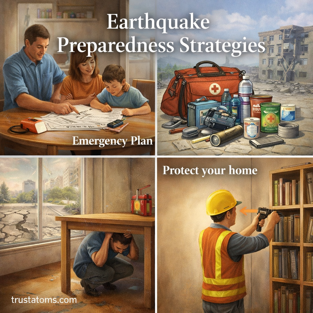 Illustration showing earthquake preparedness strategies including emergency planning, safety supplies, taking cover, and securing furniture.