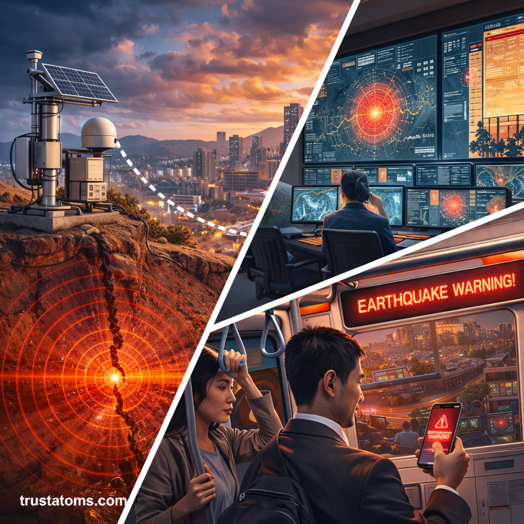 Split illustration showing seismic sensor station, monitoring center, and public alert response to earthquake warning.