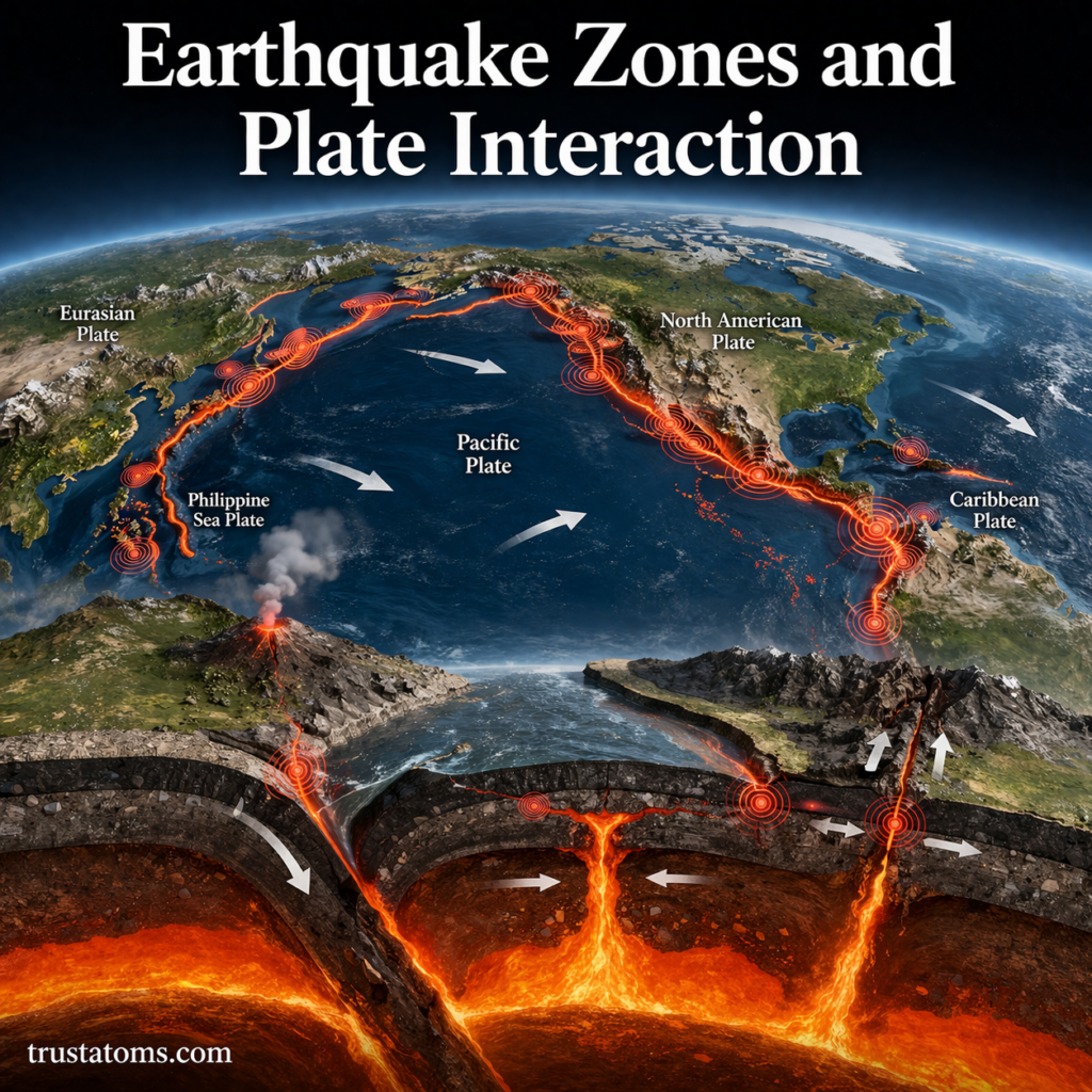 Illustration of global earthquake zones along tectonic plate boundaries showing plate movement and seismic activity.