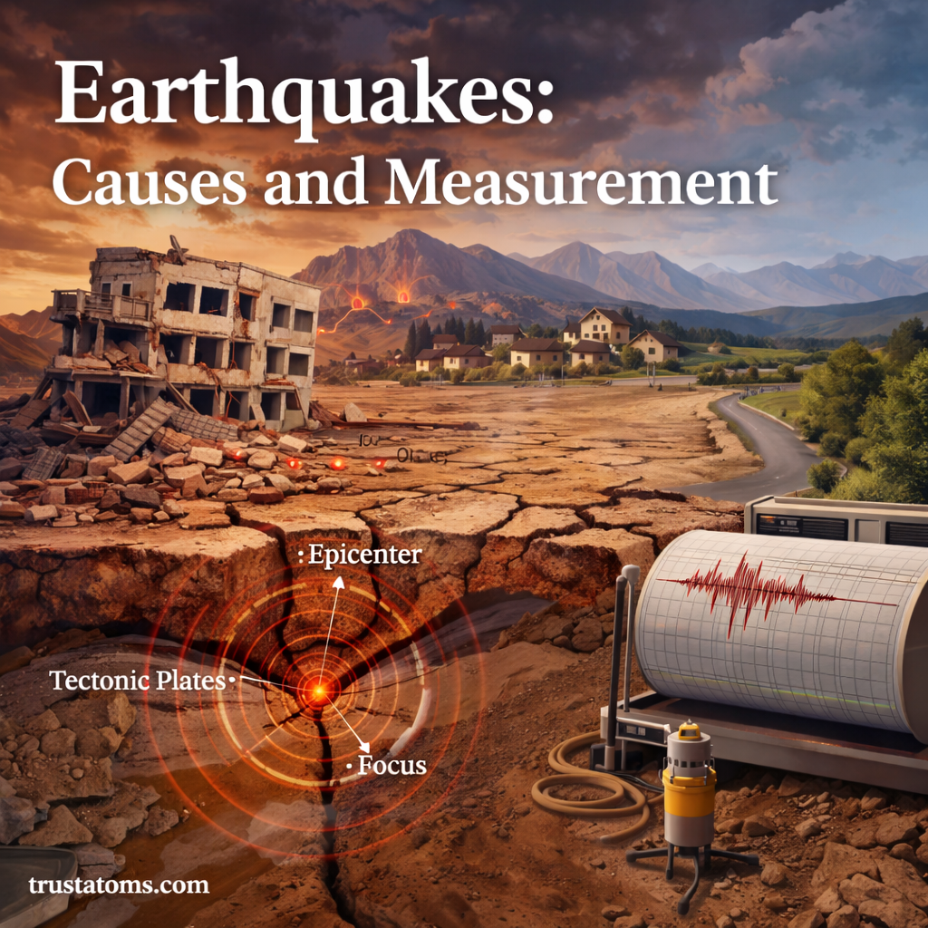 Illustration of earthquakes showing tectonic plate movement, fault lines, epicenter, and seismograph recording seismic waves.