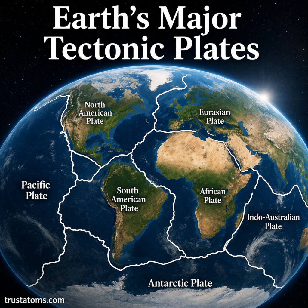Illustration of Earth’s major tectonic plates labeled on a global map showing plate boundaries and continents.