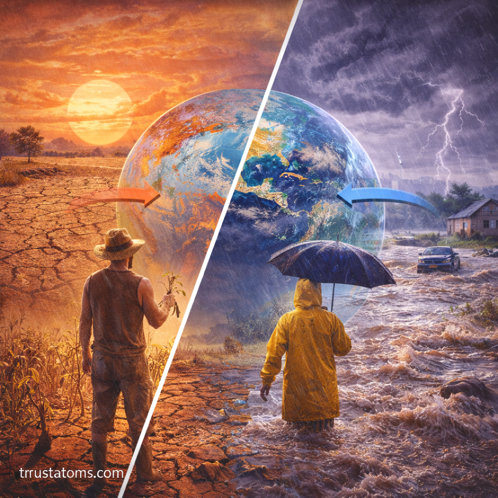 Split illustration showing drought conditions during El Niño on one side and heavy rainfall and flooding during La Niña on the other.