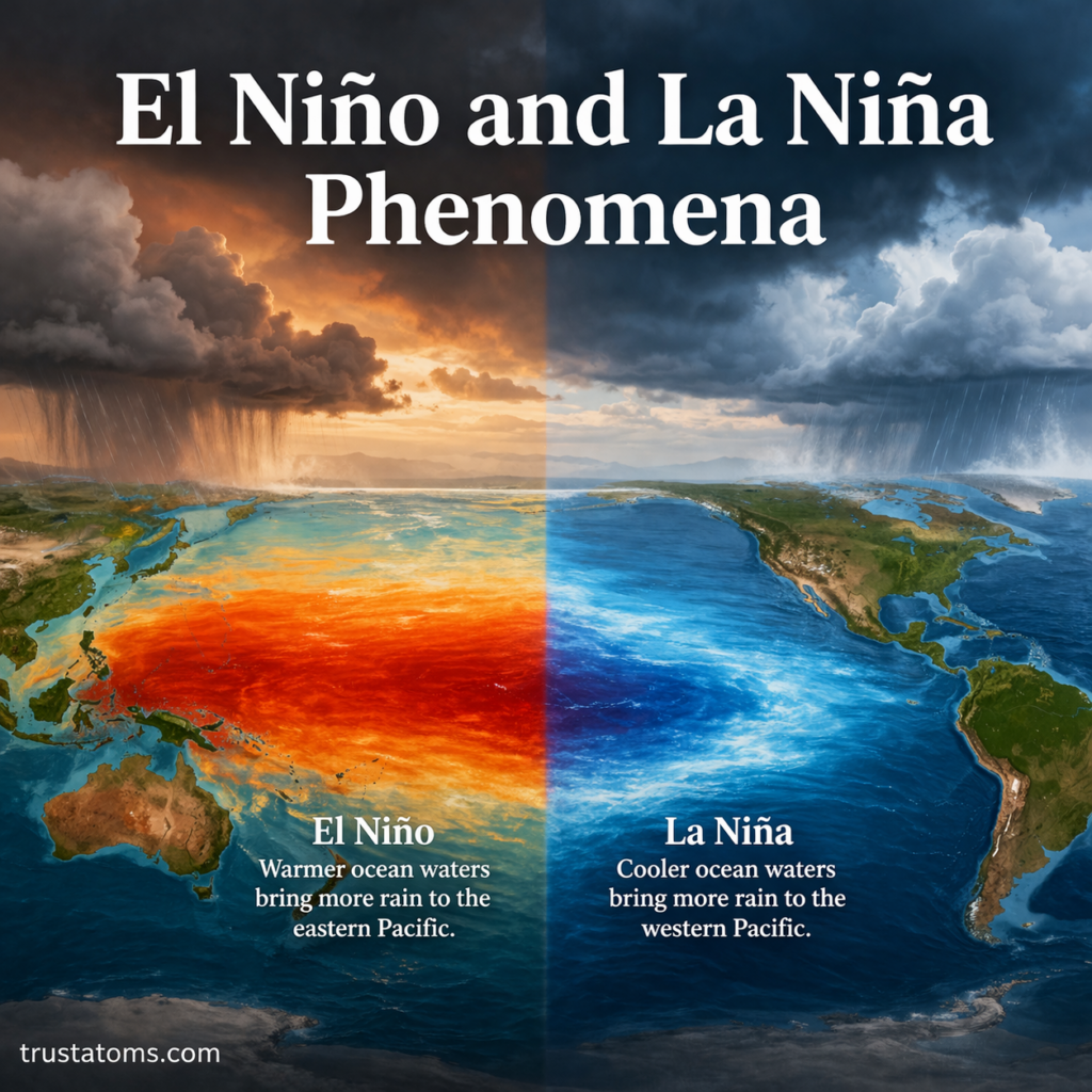 Illustration showing El Niño and La Niña phenomena with contrasting warm and cool Pacific Ocean conditions and global weather impacts.