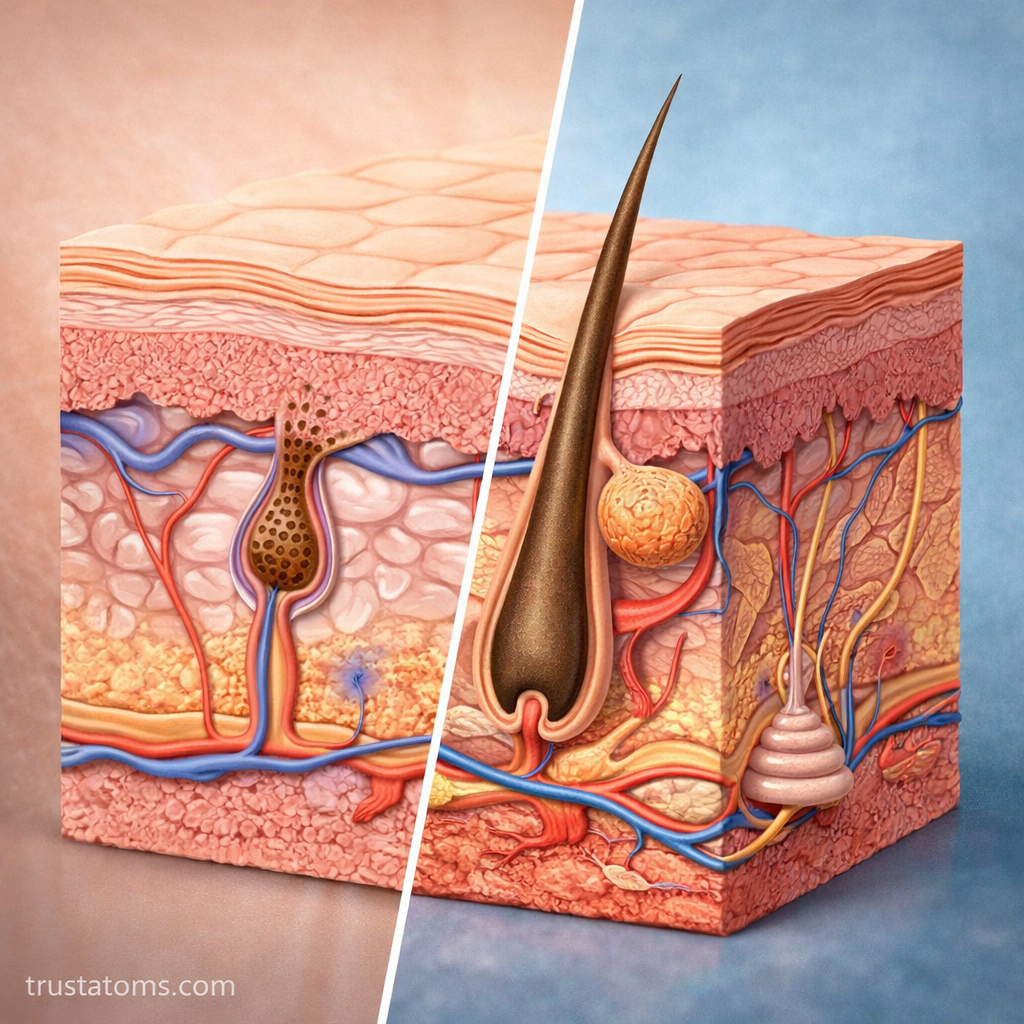 Split illustration comparing the epidermis and dermis layers of the skin, showing surface cells on one side and deeper structures like hair follicles and glands on the other.