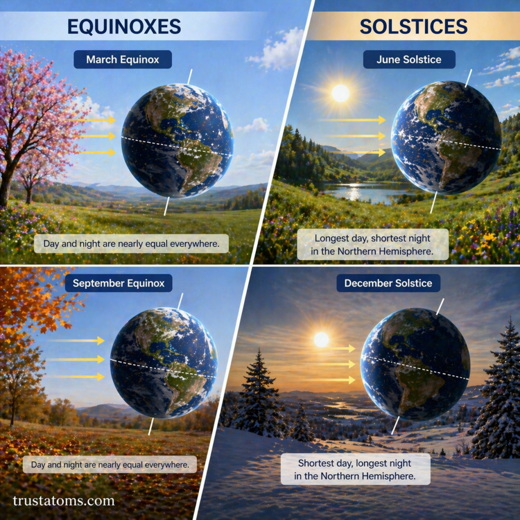 Four-panel illustration showing March equinox, June solstice, September equinox, and December solstice with Earth’s tilt and sunlight direction.
