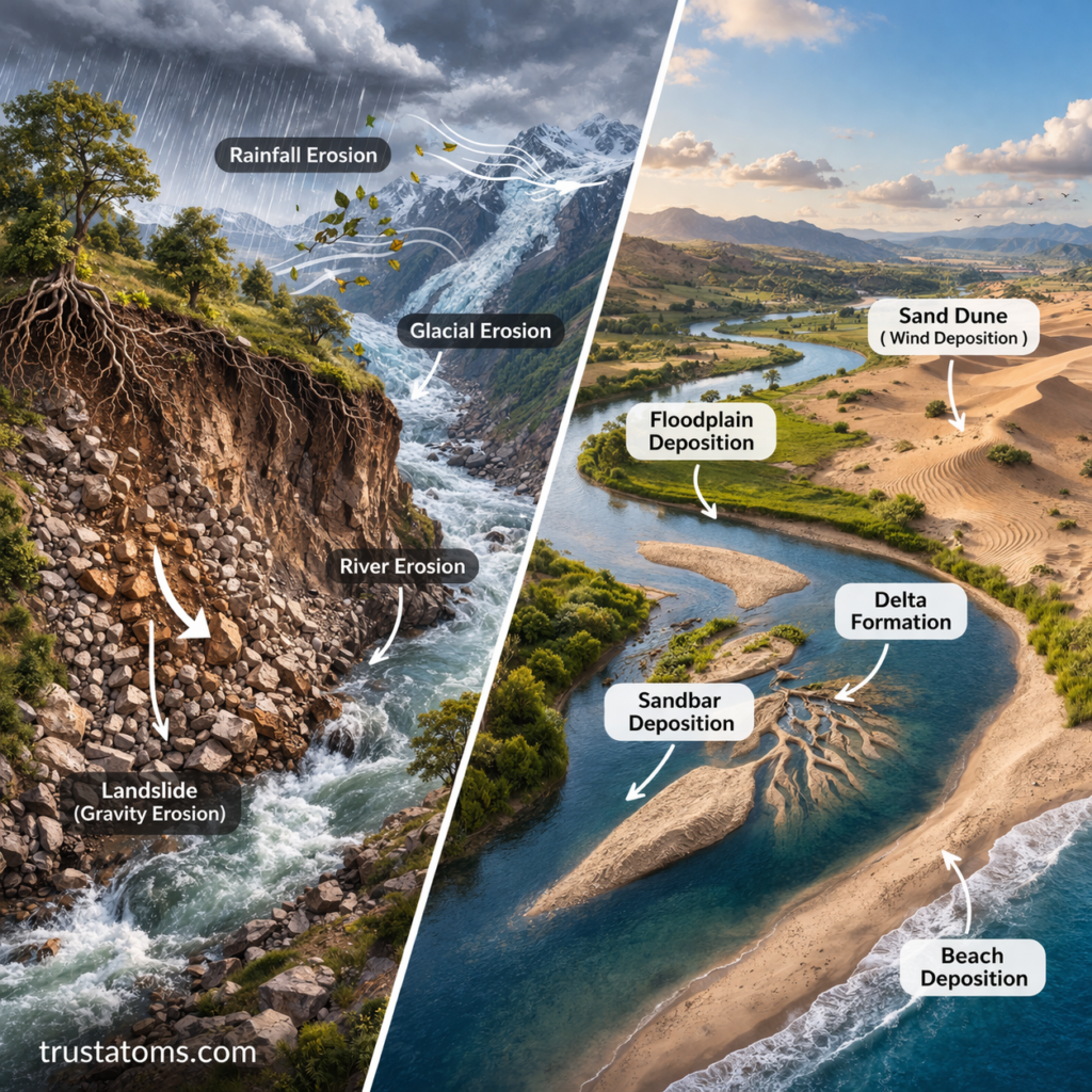Split illustration showing erosion processes like landslides and wind erosion alongside deposition features like deltas and glacial deposits.