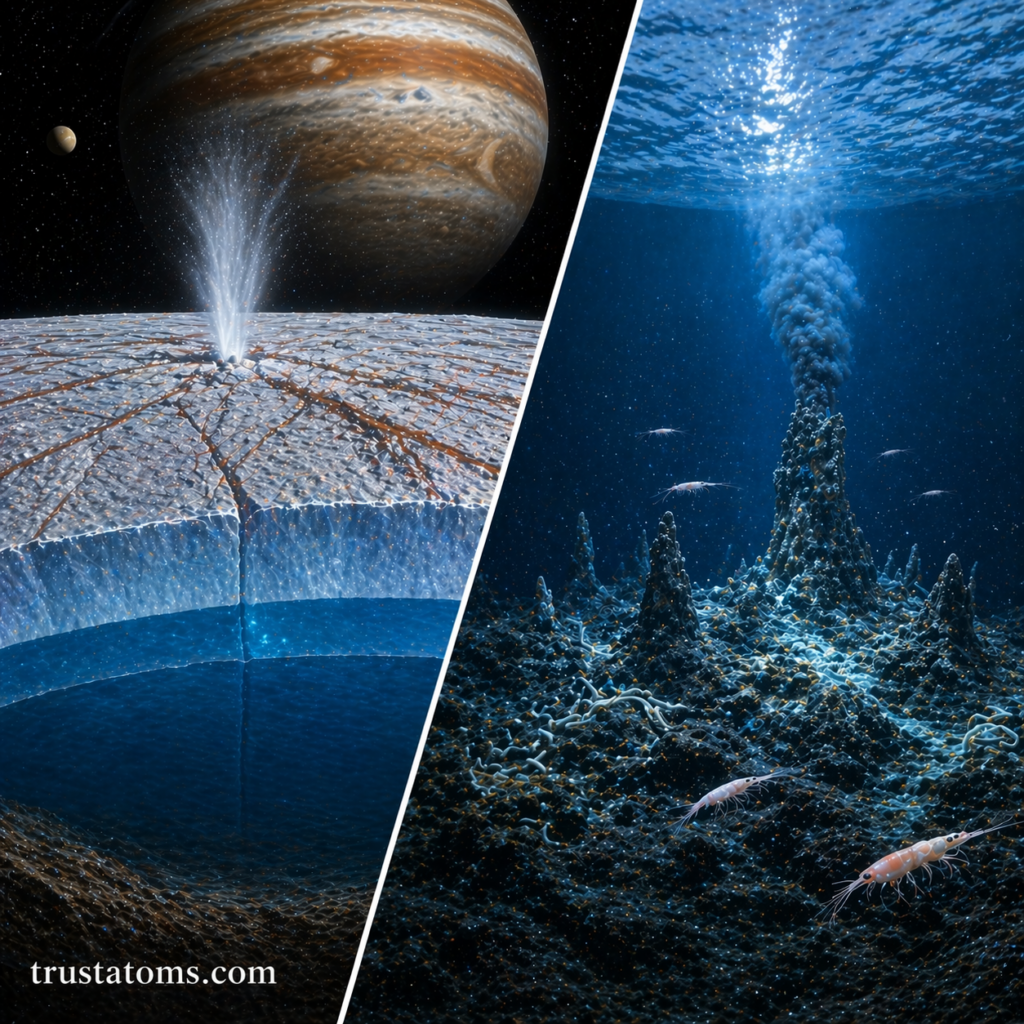 Split illustration showing Europa’s icy surface and subsurface ocean alongside Earth-like deep-sea hydrothermal vents.