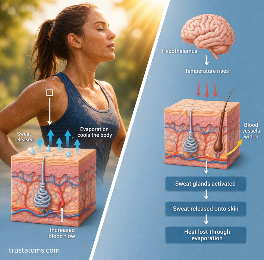 Split image showing sweating during exercise on one side and stress-induced sweating on the other, with underlying sweat gland activity.