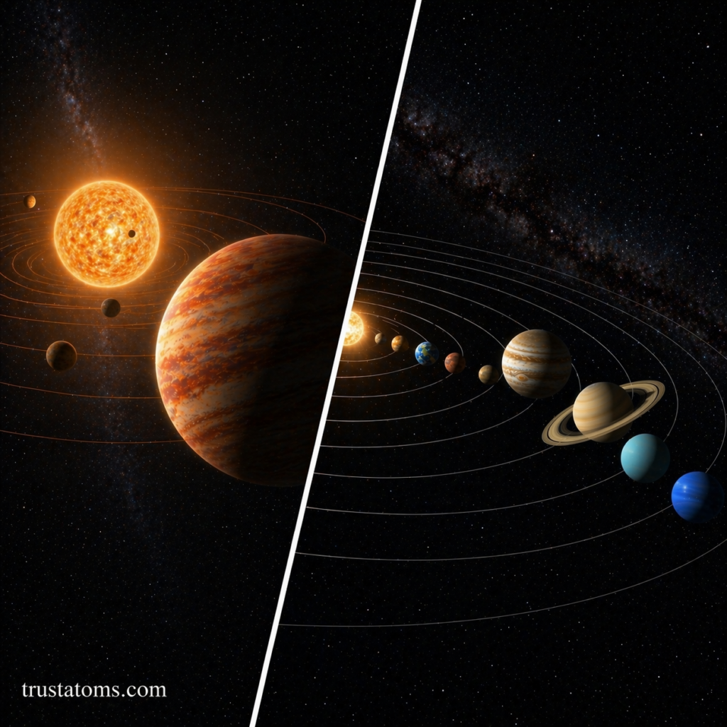 Split illustration comparing a compact exoplanet system with close-orbiting planets and our solar system with widely spaced planetary orbits.