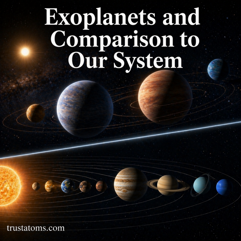 Illustration comparing exoplanet systems with our solar system showing planets orbiting stars.