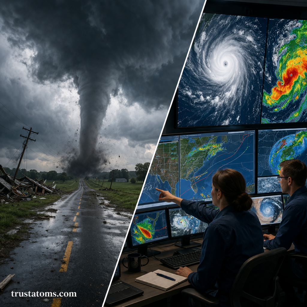Split image showing a tornado destroying a rural road on one side and meteorologists analyzing storm data on screens on the other.