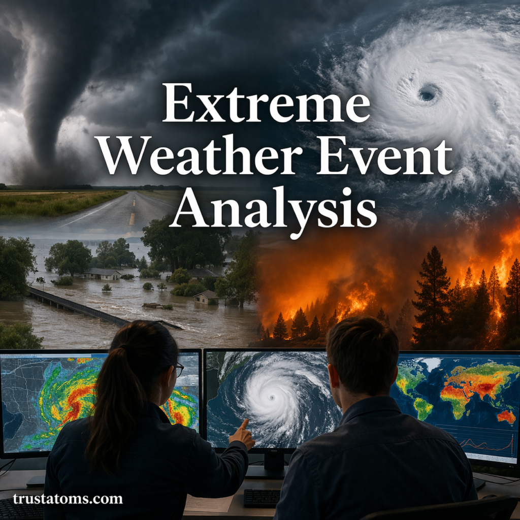 Extreme weather event analysis illustration showing hurricane, tornado, flood, wildfire, and scientists analyzing weather data with screens.