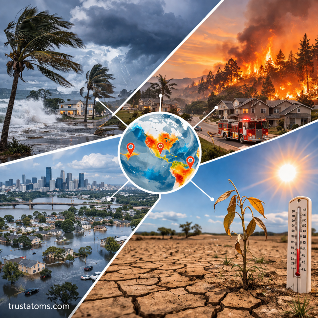 Diagram-style illustration showing extreme weather events including coastal storm surge, wildfire, urban flooding, and drought with global map connections.