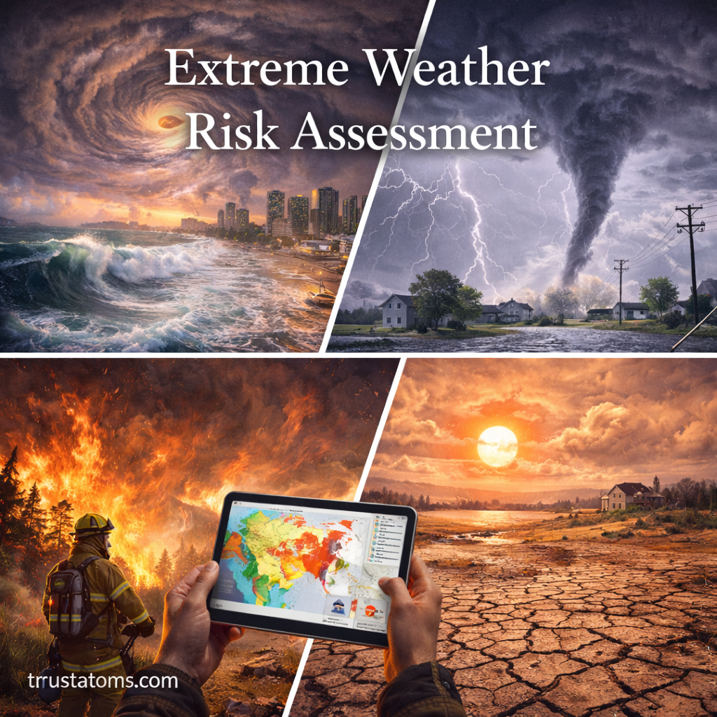 Extreme weather risk assessment illustration showing hurricane, tornado, wildfire, and drought with a digital risk map analysis.