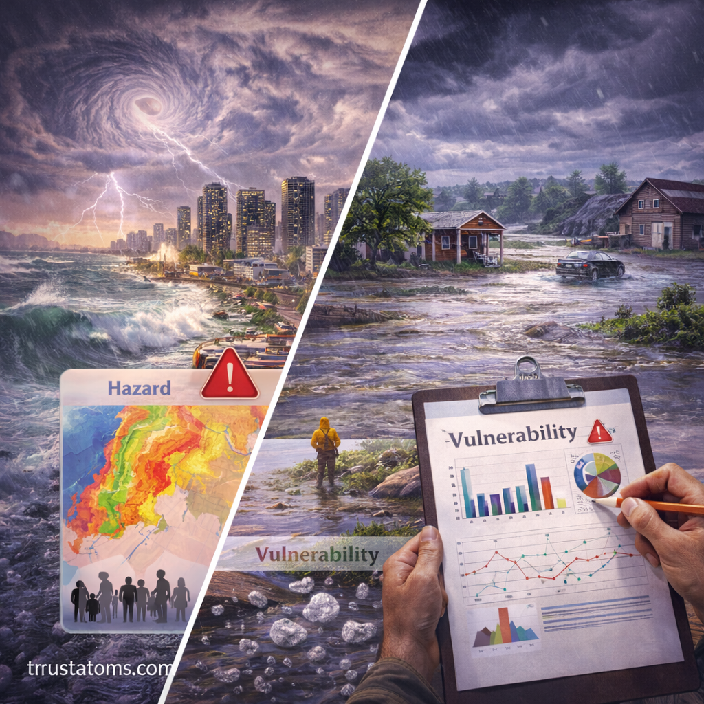 Split illustration showing hurricane hazard and exposure mapping on one side and flood vulnerability assessment on the other.