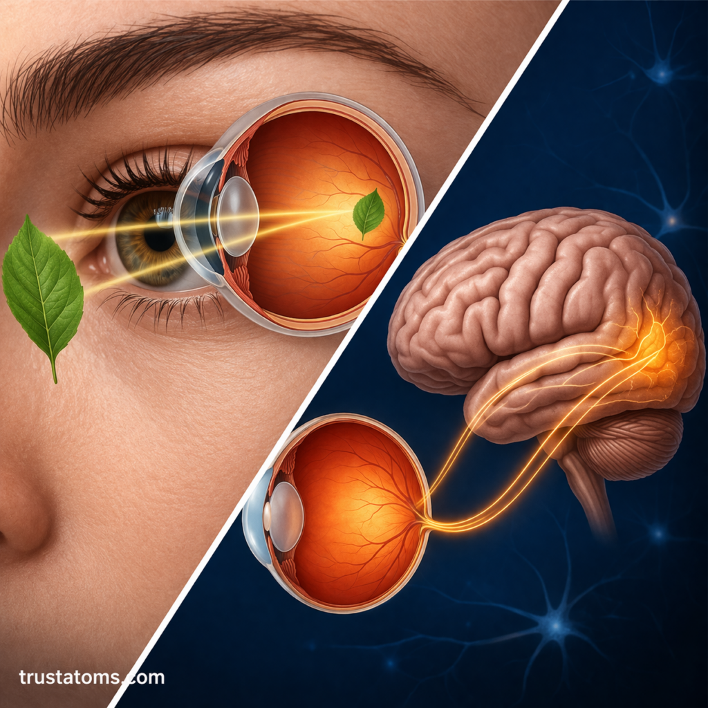 Split diagram showing light entering the human eye, focusing on the retina, and signals traveling through the optic nerve to the brain.