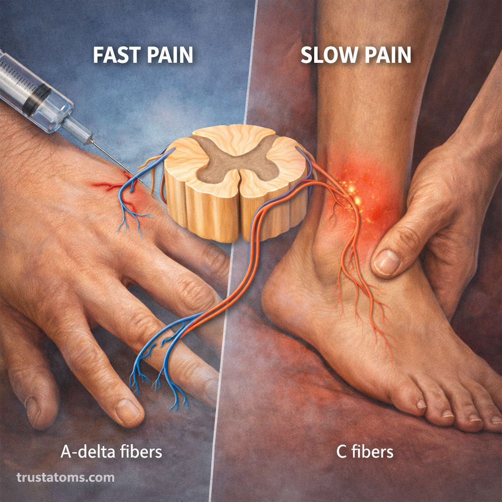 Split illustration showing fast sharp pain via A-delta fibers and slow dull pain via C fibers, with signals traveling through the spinal cord.