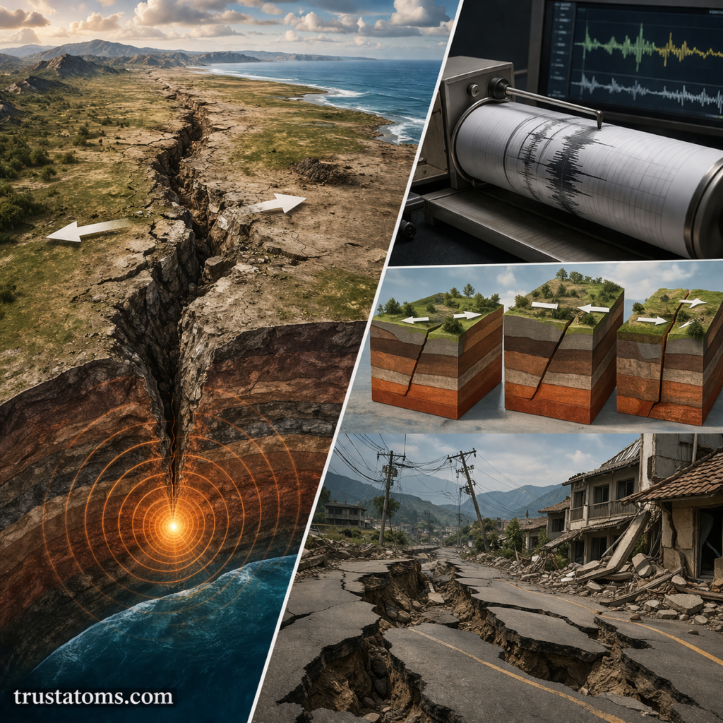 Split illustration showing fault line movement, seismic waves, seismograph recording, and earthquake surface damage.