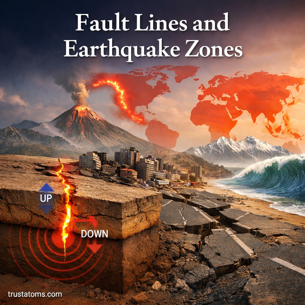 Illustration showing tectonic plates and a fault line causing earthquakes with surface damage and seismic activity.