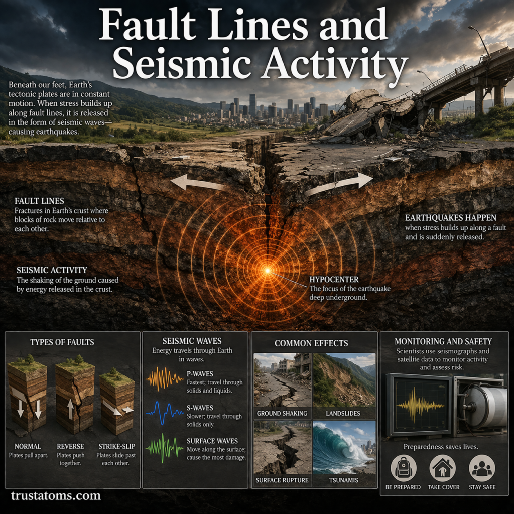Illustration showing fault lines and seismic activity with earthquake origin, seismic waves, and ground rupture.