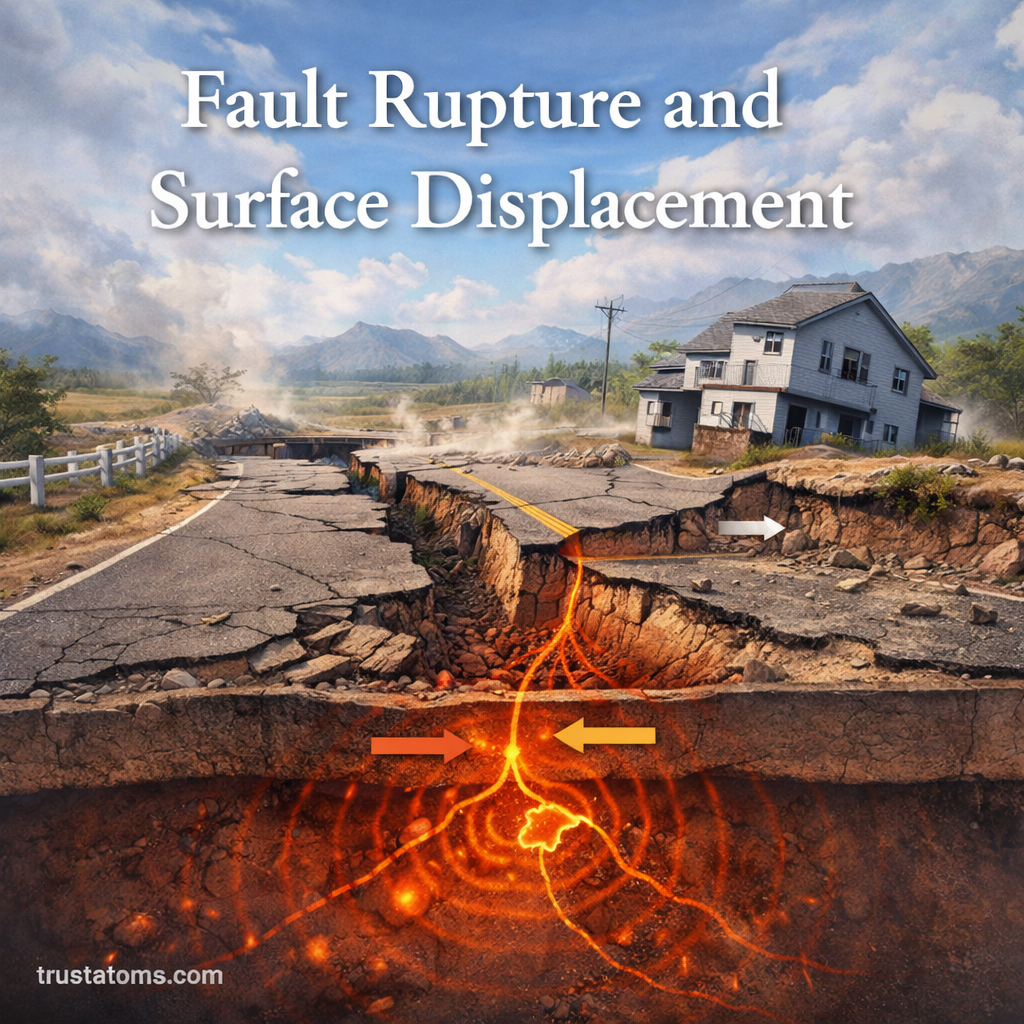 Illustration showing fault rupture and surface displacement with cracked road, shifted ground, and underground fault movement.