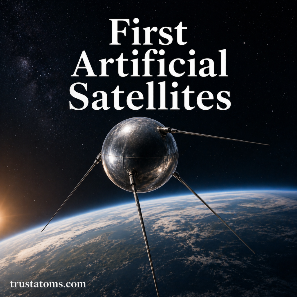 Illustration of an early artificial satellite orbiting Earth, inspired by Sputnik 1, with a view of the planet from space.