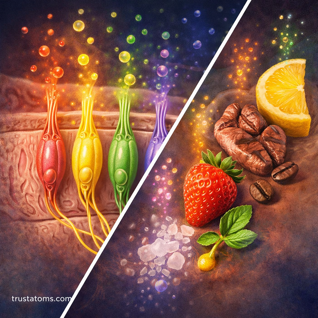 Split diagram showing taste receptor cells detecting chemicals and examples of the five basic tastes including sweet, salty, sour, bitter, and umami.
