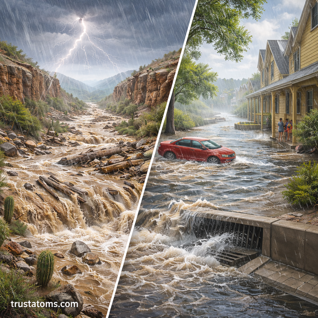 Split illustration showing flash flooding in a desert canyon and urban neighborhood caused by rapid rainfall and poor drainage.