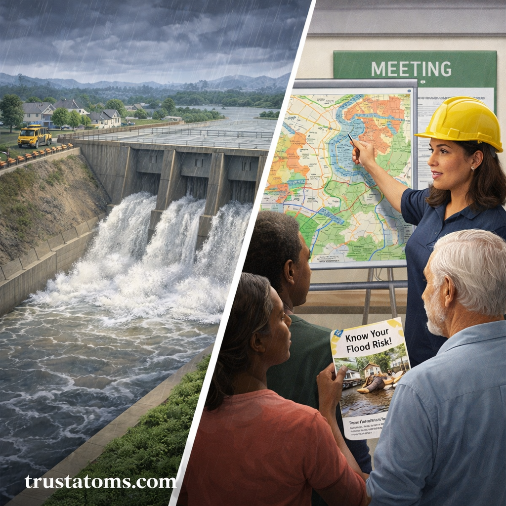 Split image showing a dam controlling floodwaters on one side and a community flood risk planning meeting with a map on the other.