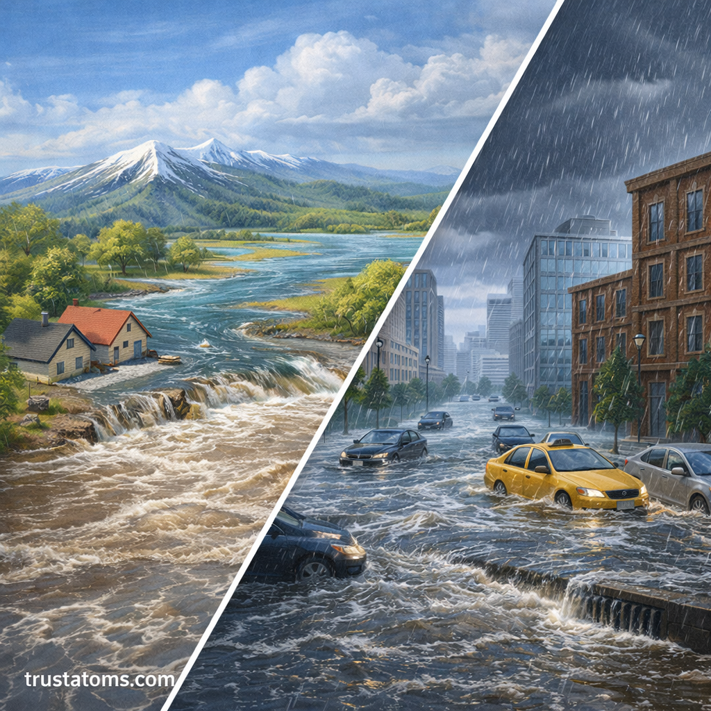 Split illustration showing flash flooding from heavy rain in a city and river flooding caused by dam failure in a rural area.