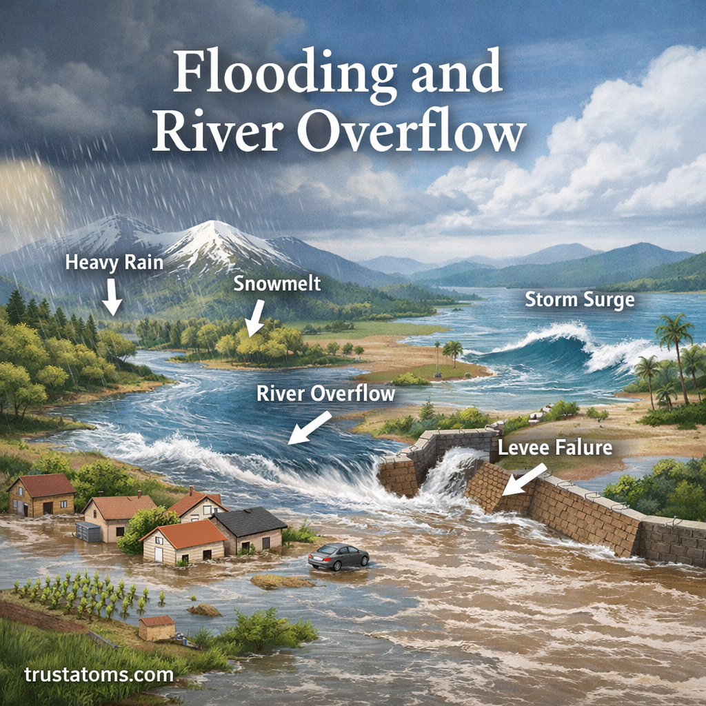 Illustration showing flooding and river overflow caused by heavy rain, snowmelt, storm surge, and levee failure.