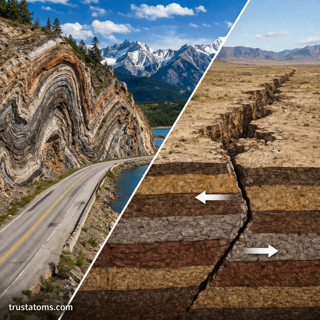 Split image showing folded rock layers in mountains and a fault line with displaced rock layers in a dry landscape.